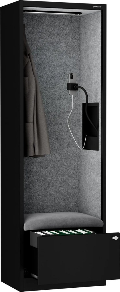 Akustická kabína SALLY MentalBox 600 mm – čierny korpus, sivé sedadlo