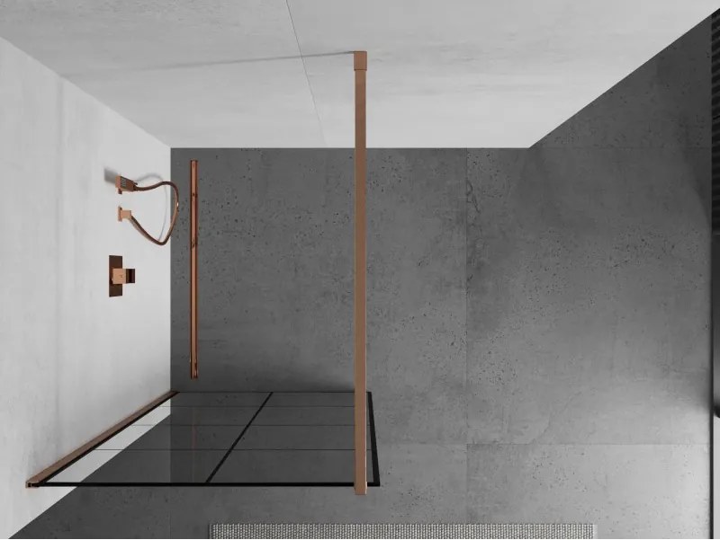Mexen Kioto, sprchová zástena Walk-In 90 x 200 cm, 8mm číre sklo čierny vzor, medený matný profil, 800-090-101-65-77