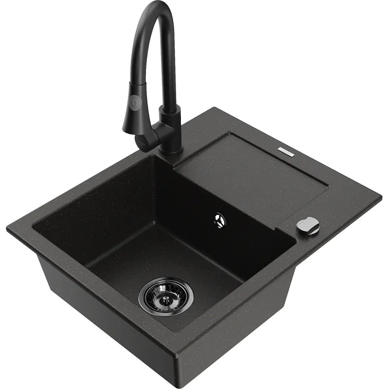 Mexen Enzo, 1-komorový granitový drez 576x465x174 mm a drezová batéria Elia, čierna-zlatá metalíza, 6506-75-670101-70-B