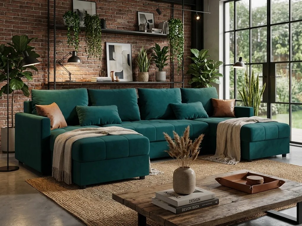 Rozkladacia sedacia súprava do U VENORIA 285x146 cm, petrolejová + 2 vankúšiky ZDARMA