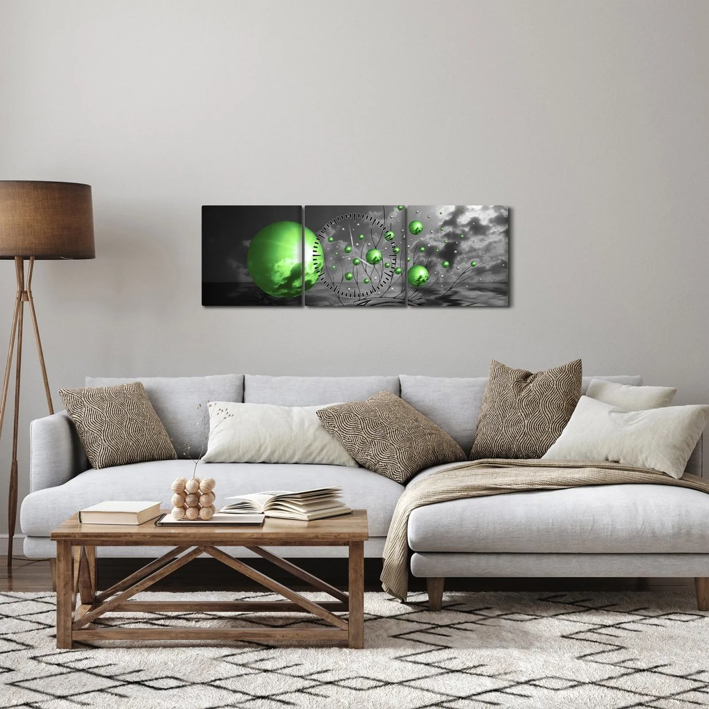 Obraz zelených abstraktných gulí (s hodinami) (90x30 cm)