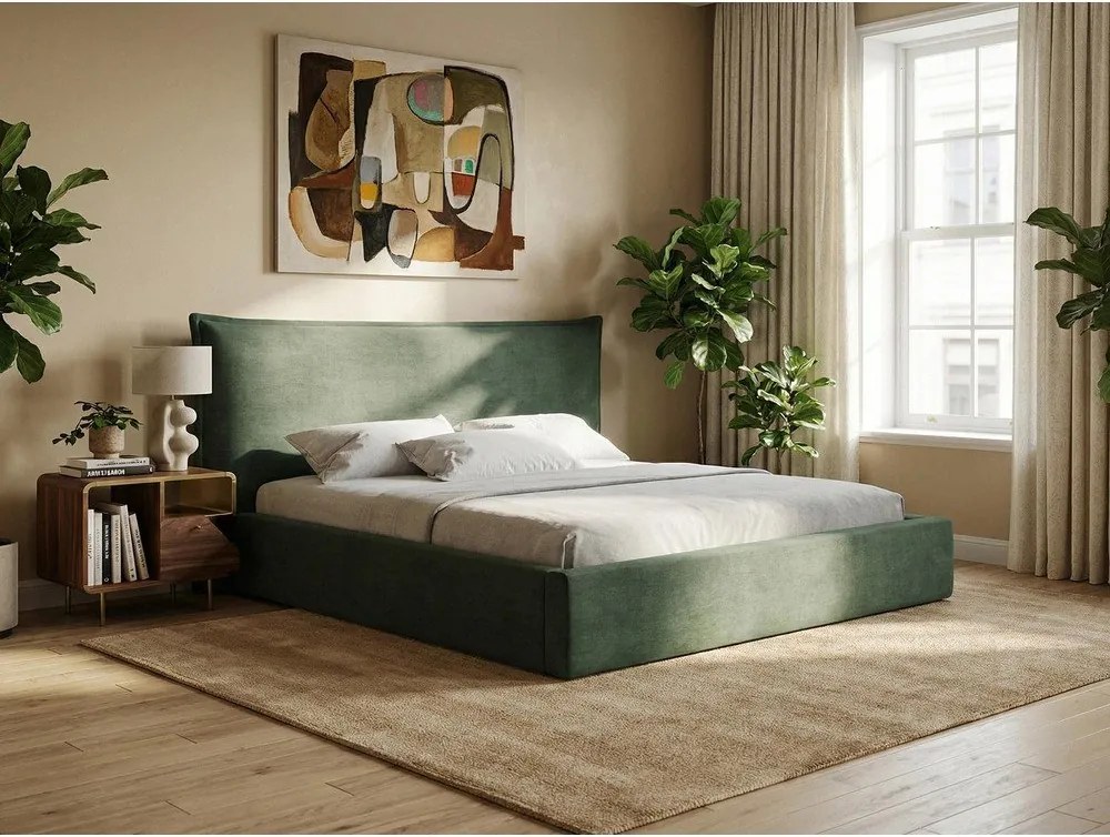 Čalúnená dvojlôžková posteľ s úložným priestorom s roštom 140x200 cm v terakotovej farbe Esala – Makamii