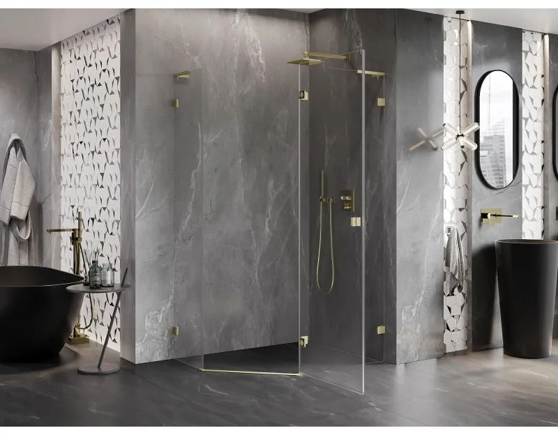 Mexen Lunar, L pravý výklopný päťuholníkový sprchový kút 90 x 80 cm, 8mm číre sklo, zlatý matný profil, 831L-090P-080L-55-00-P