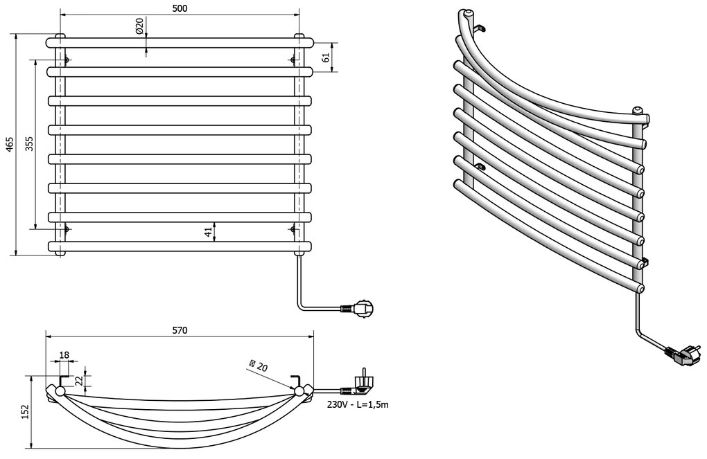 Aqualine Aqualine, Elektrický sušiak uterákov, 570x465 mm, 72 W, šedý hliník - metalíza (RAL9007), SU210A