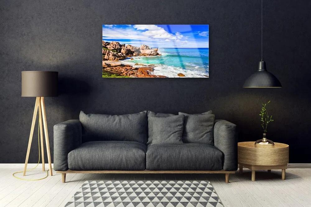 Skleneny obraz Pláž skaly more krajina 125x50 cm