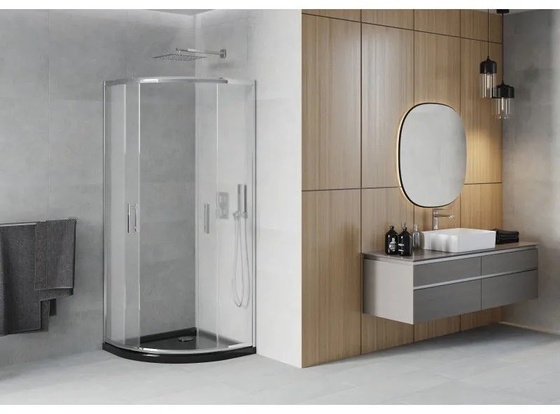 Mexen Rio, štvrťkruhový sprchovací kút s posuvnými dverami 90 x 90 cm, 6mm sklo námraza, chrómový profil + čierna sprchová vanička, 863-090-090-01-30-4170