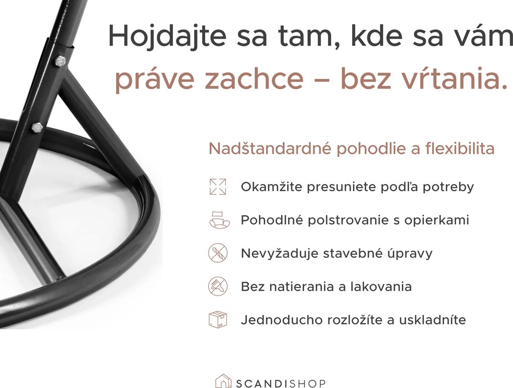 Čierne závesné kreslo KOKON bez stojana, sivý vankúš