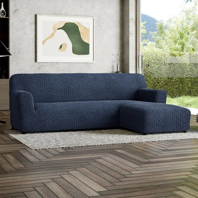 Bielastické poťahy MOSAICO modré sedačka s otomanom vpravo (š. 170 - 300 cm)