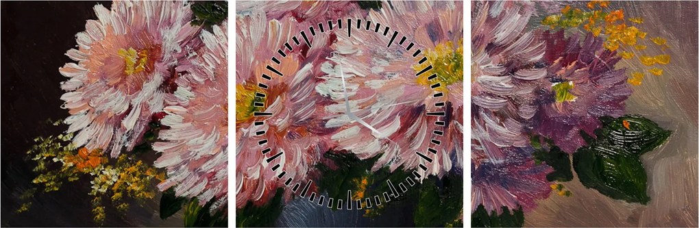 Obraz - Olejomaľba, Kvety vo váze (s hodinami) (90x30 cm)
