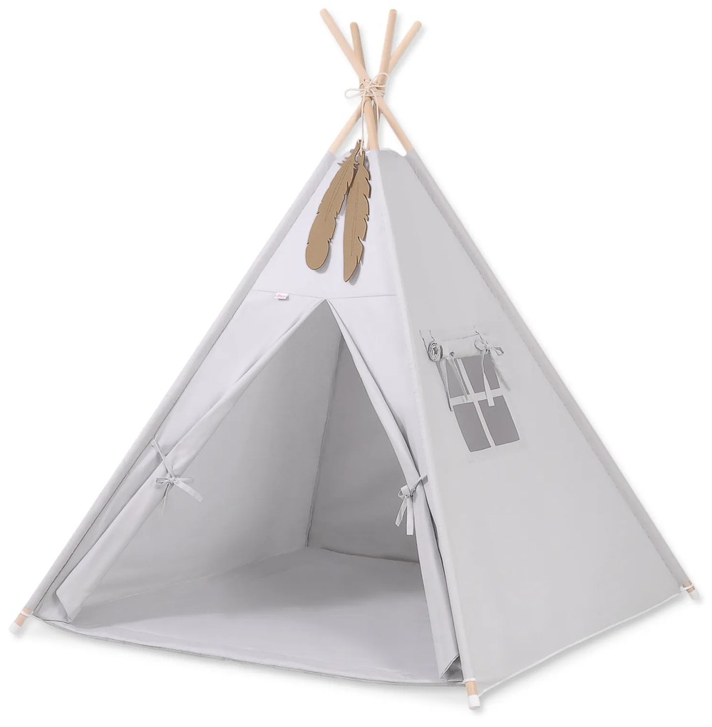 Teepee stan pre deti + hracia podložka + dekoratívne pierka - Light Grey