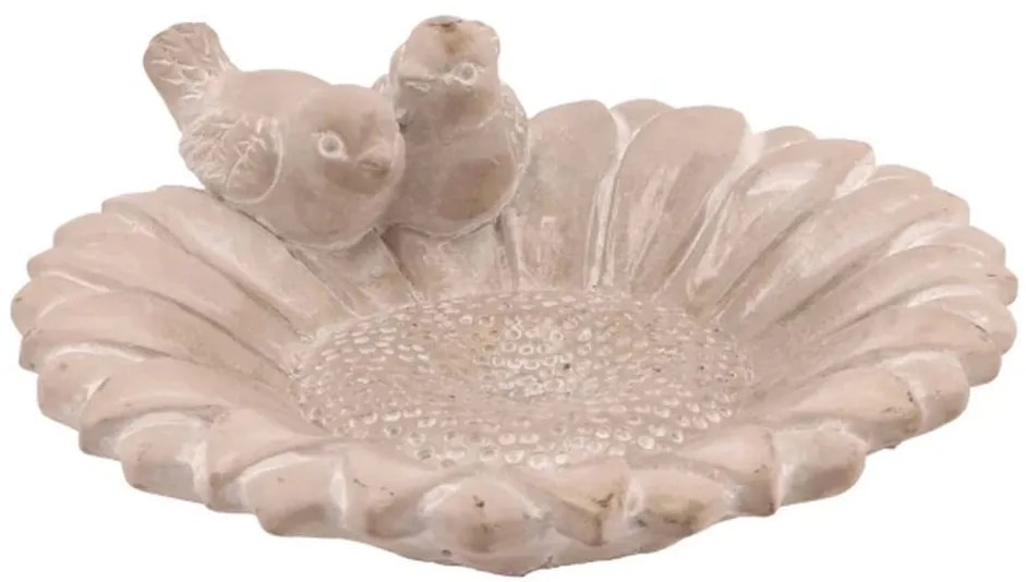 Béžové antik cementové krmítko pre vtáčiky v tvare listu so žabkou - Ø 22*6 cm