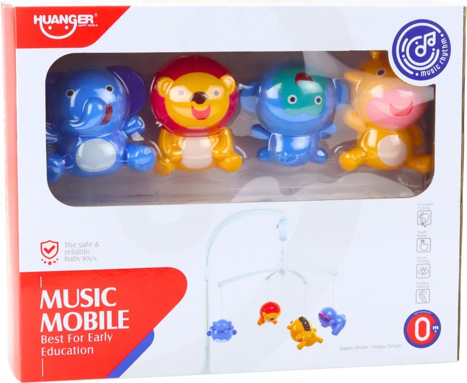 LEAN Toys Kolotoč na posteľ Zvieratá Lev Slon Žirafa Zvuk