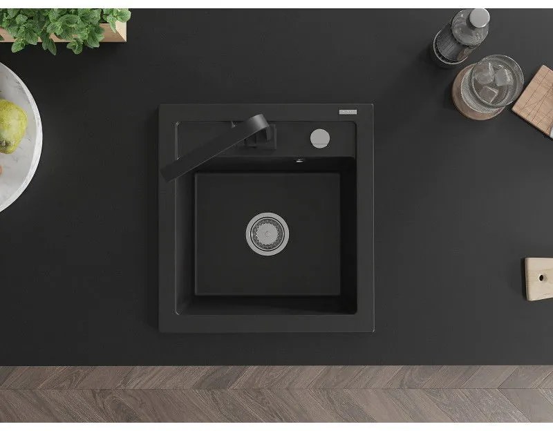 Mexen Vito, 1-komorový granitový drez 520x490x210 mm, čierna batéria Rita, čierna, 6503-77-670300-70