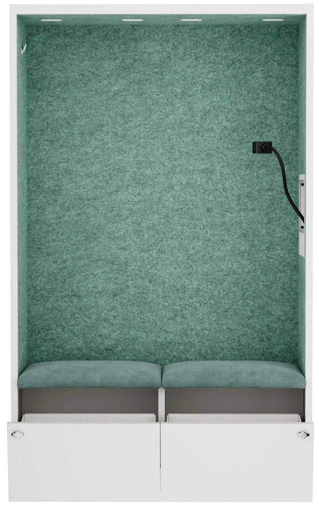 Kancelárska akustická kabína so sedadlom a portom USB-C, telo v biely farbe / sedadlo v zelenej farbe, 1150 mm: SALLY MentalBox