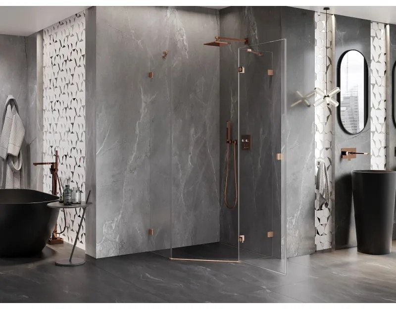 Mexen Lunar, výklopný päťuholníkový sprchový kút pravý 100 x 100 cm, 8mm číre sklo, profil medená matná, 831-100P-100L-65-00-P