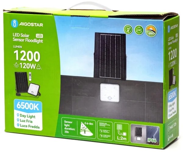 Aigostar - Stmievateľný solárny LED reflektor so snímačom, 120 W, 3,4 V, IP66 + diaľkový ovládač