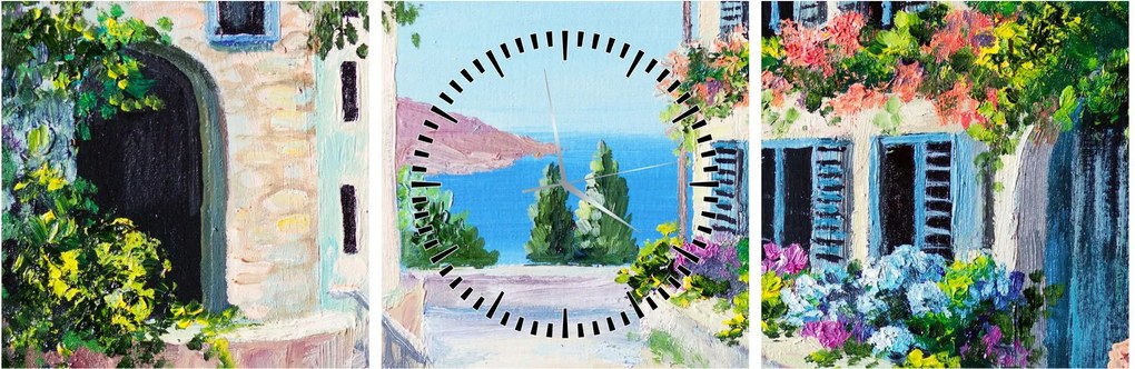 Obraz - Grécka ulička, olejomaľba (s hodinami) (90x30 cm)