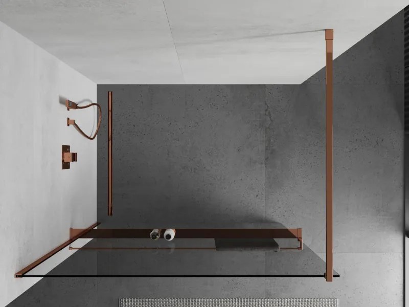 Mexen Kioto, sprchová zástena Walk-in s poličkou a vešiakom 95 x 200 cm, 8mm číre sklo, profil ružové zlato, 800-095-121-60-00