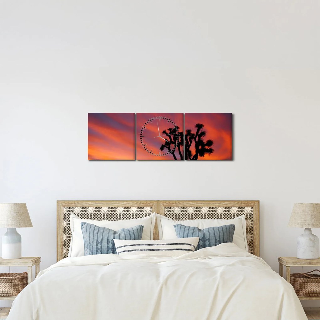 Obraz západu slnka nad siluetou stromu (s hodinami) (90x30 cm)