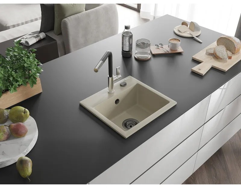 Mexen Milo, 1-komorový granitový drez 435x410x171 mm a drezová batéria Flora, béžová, 6505-69-670401-07-B