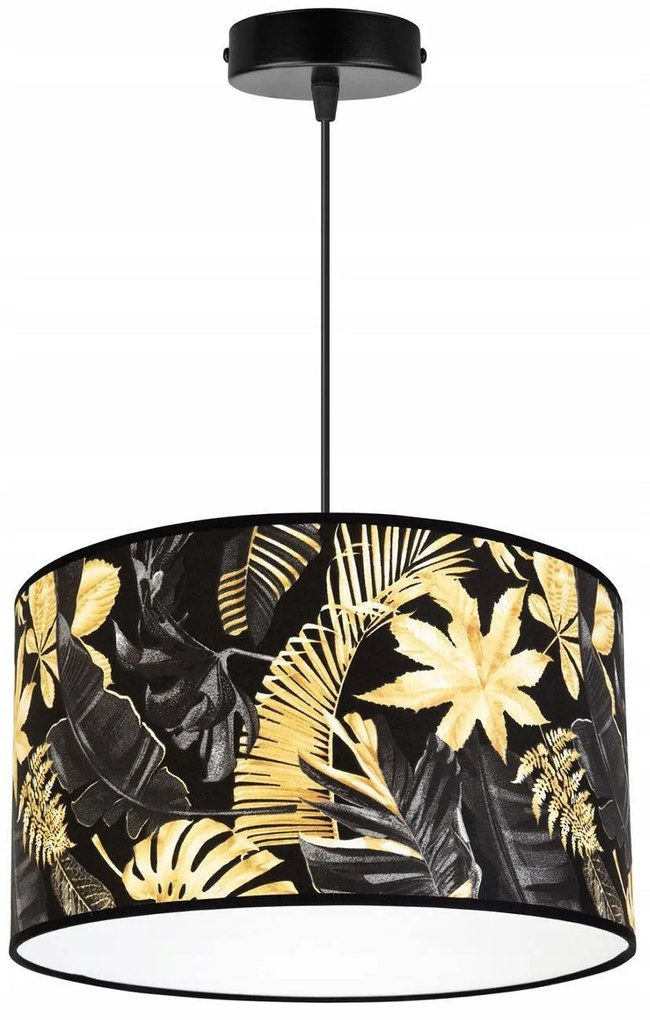 Závesné svietidlo Gold Flowers, 1x čierne textilné tienidlo s kvetinovým vzorom, (fi 35cm)