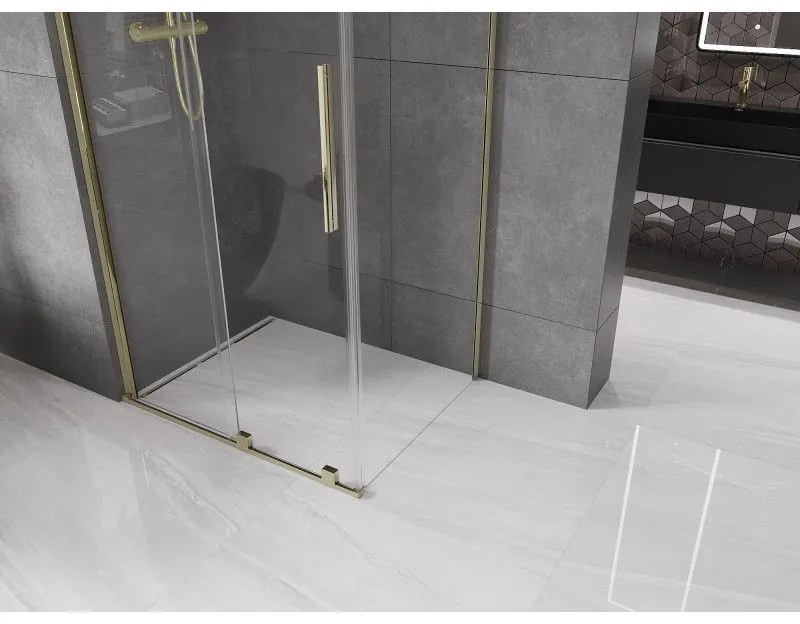 Mexen Velar, sprchový kút s posuvnými dverami 140(dvere) x 100(stena) cm, 8mm číre sklo, zlatá lesklá, 871-140-100-01-50