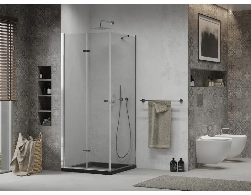 Mexen Lima, sprchový kút so skladacími dverami 80 (dvere) x 80 (stena) cm, 6mm číre sklo, chrómový profil + slim sprchová vanička čierna + chrómový sifón, 856-080-080-01-00-4070