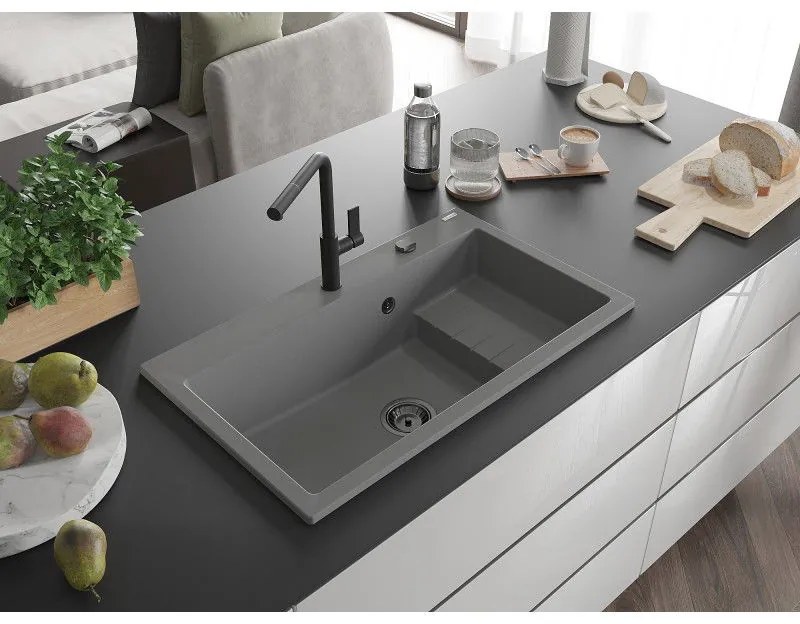 Mexen Omar, 1-komorový granitový drez 800x480x210 mm, šedá, grafitový sifón, 6520801005-71-B