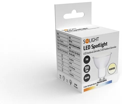 SOLIGHT LED žiarovka bodová PAR16 7W, GU10, 4000K, 595lm, studená biela