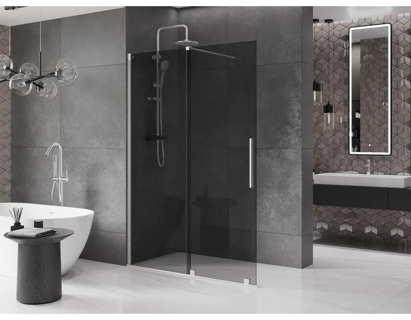 Mexen Velar, sprchová zástena s posuvnými dverami Walk-in 150 x 200 cm, 8mm šedé sklo, brúsená oceľ, 871-150-000-43-97