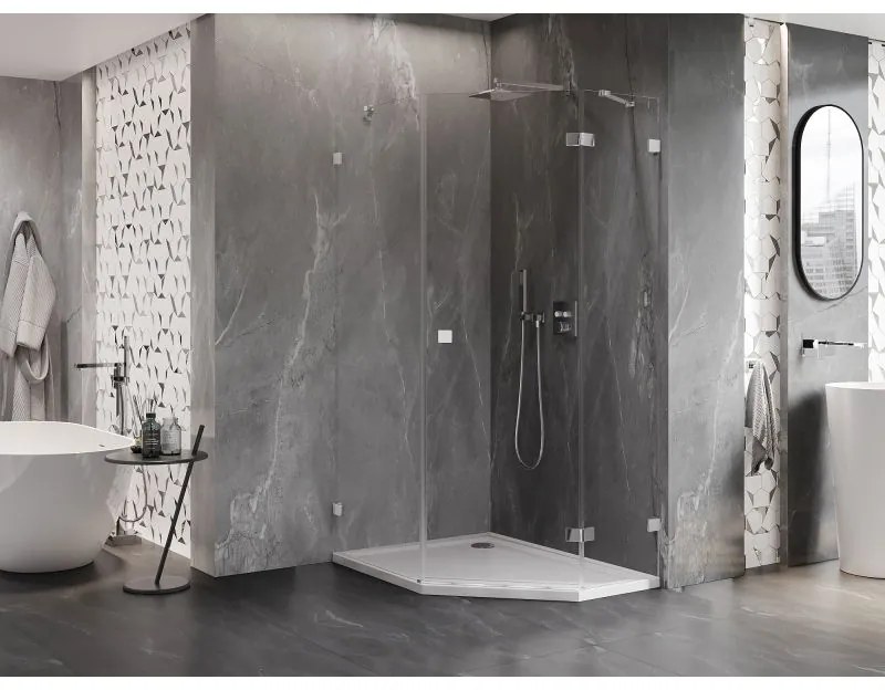 Mexen Lunar, päťuholníkový sprchový kút s pravým sklonom 80 x 90 cm, 8mm číre sklo, chrómový profil, 831-080P-090L-01-00-P