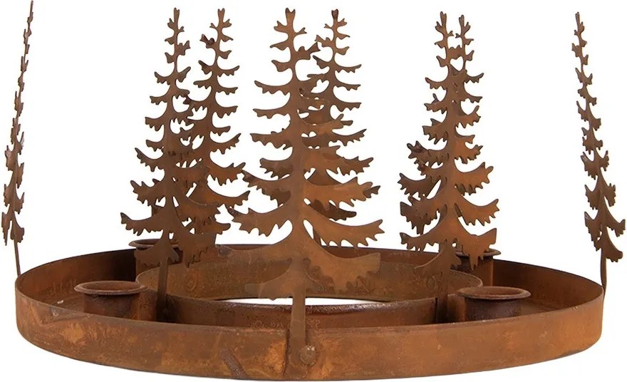 Kovový rustikálny hrdzavý svietnik na 4 sviečky so stromčekmi Candle Rust - Ø 30*15 cm