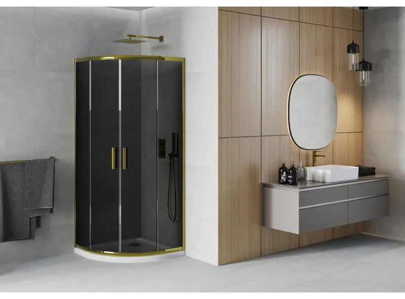 Mexen Rio, štvrťkruhový sprchovací kút s posuvnými dverami 80(dvere) x 80(dvere) x 190 cm, 6mm šedé sklo, zlatý profil + biela sprchová vanička SLIM, 863-080-080-50-40-4110G