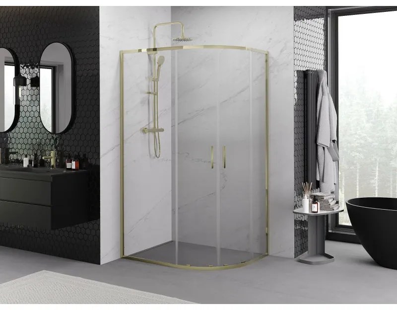 Mexen Exo, posuvný polkruhový sprchový kút 100 x 90 cm, číre sklo, zlatá, 8132-100-090-50-00