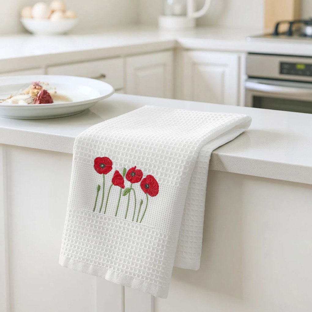 Goldea kuchynská vaflová utierka s výšivkou - vlčie maky na bielom 50 x 70 cm