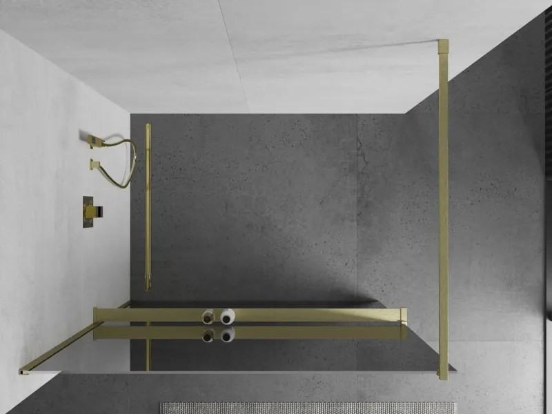 Mexen Kioto+, sprchová zástena Walk-In s poličkou a vešiakom 100 x 200 cm, 8mm sklo vzor zrkadlo, zlatý matný profil, 800-100-121-55-50