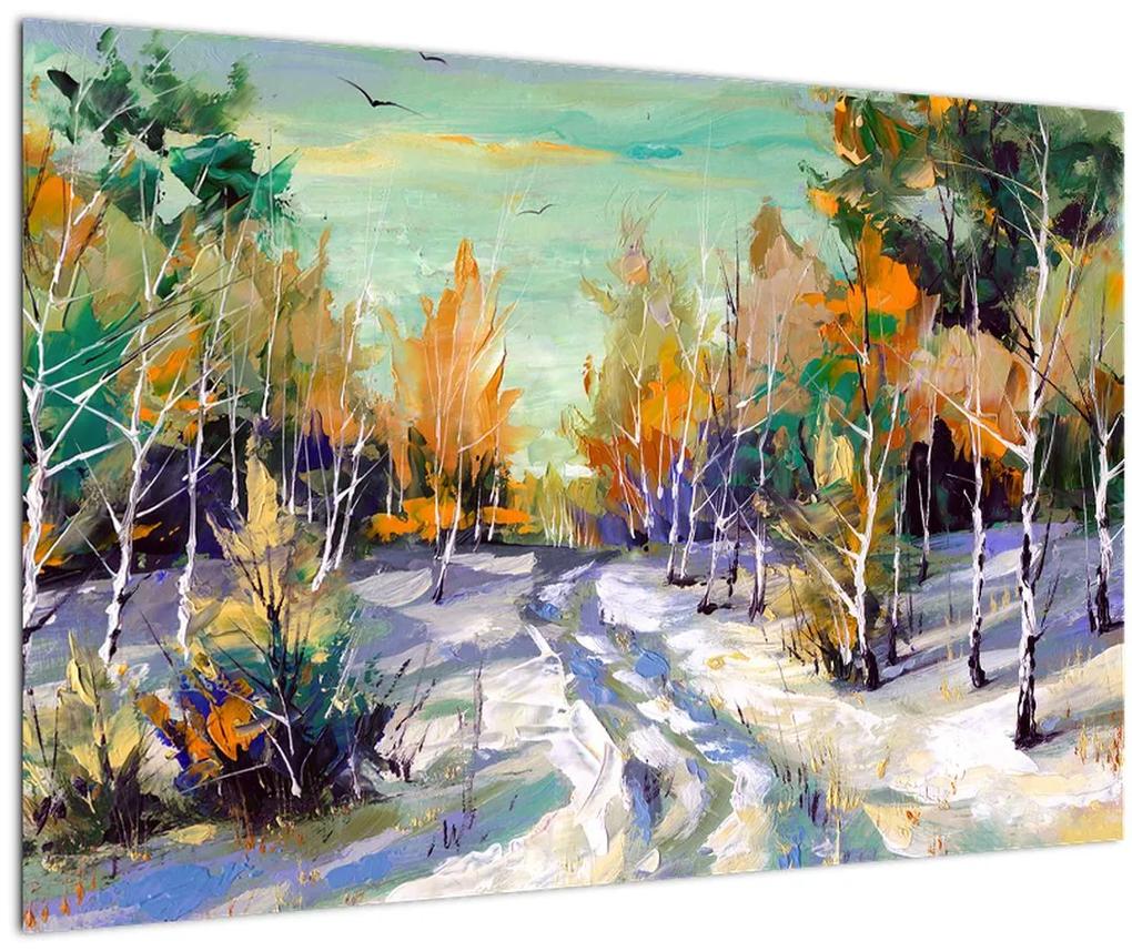 Obraz - Zasnežená cesta lesom, olejomaľba (90x60 cm)