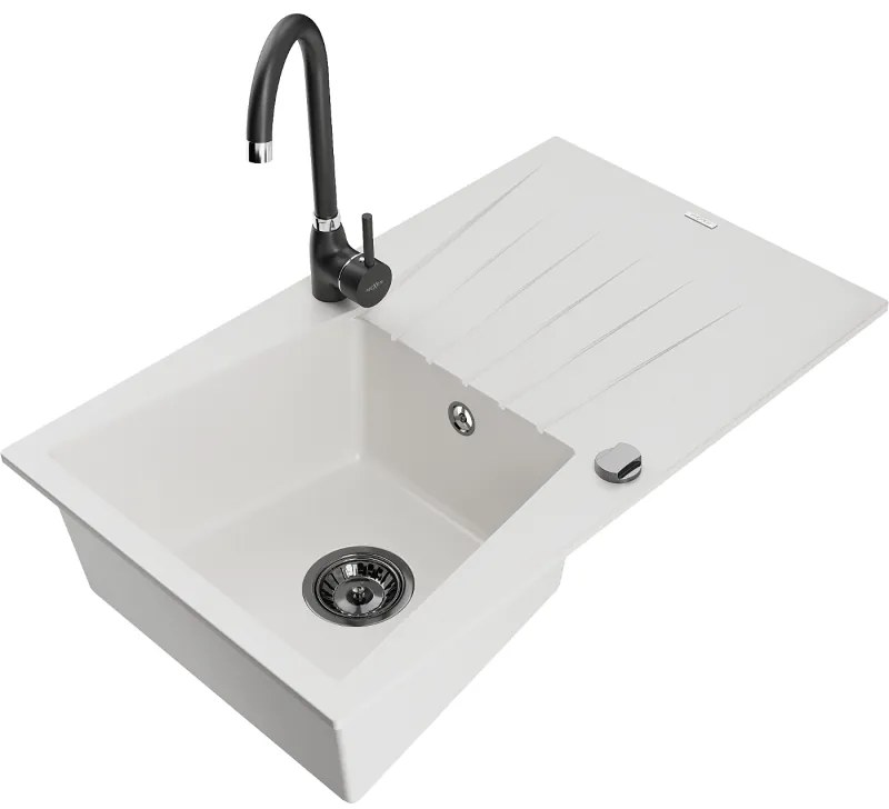 Mexen Cesar, granitový drez 775x470x190 mm, 1-komorový, biela s čiernym sifónom a čierna drezová batéria Telma, 6514-20-670200-70