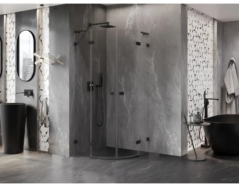 Mexen Lunar, L polkruhový výklopný sprchový kút 90 x 90 cm, 8mm číre sklo, čierny profil, 833L-090L-090P-70-00