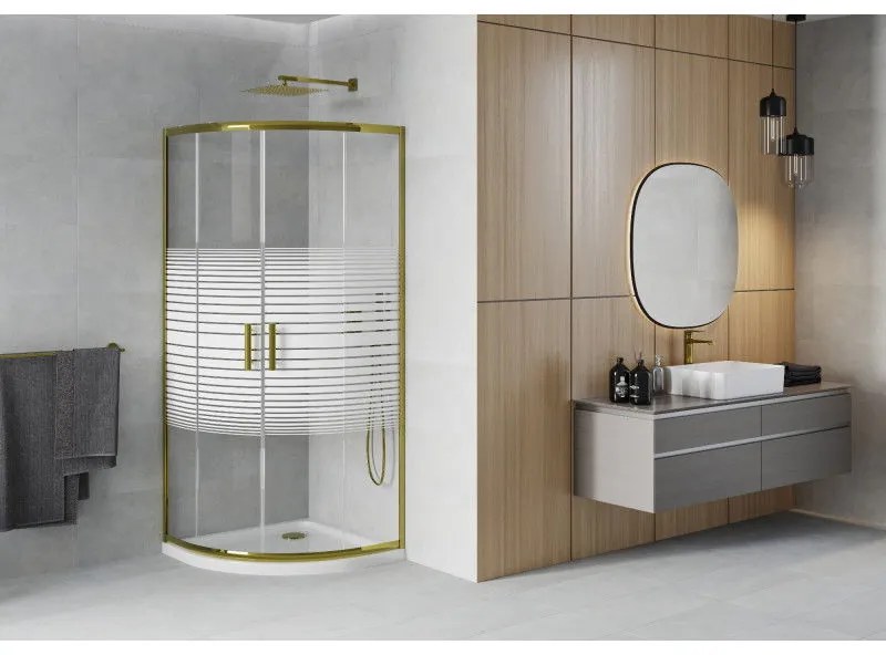 Mexen Rio, štvrťkruhový sprchovací kút s posuvnými dverami 80(dvere) x 80(dvere) x 190 cm, 6mm číre sklo s pásikmi, zlatý profil + biela sprchová vanička SLIM, 863-080-080-50-20-4110G