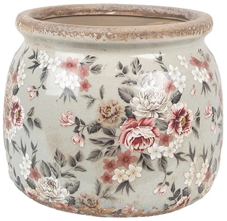 Šedý keramický dekoračný kvetináč s kvetmi Floria M - Ø 16*13 cm