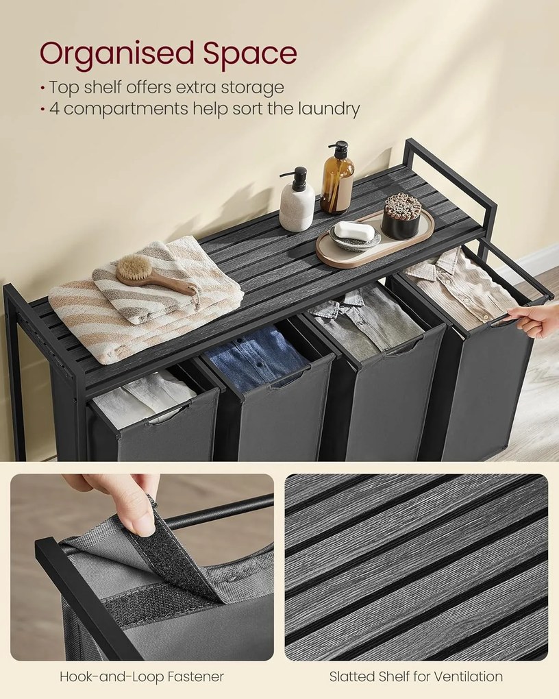 Kôš na prádlo, 4 priehradkový zberný košík v sivej farbe