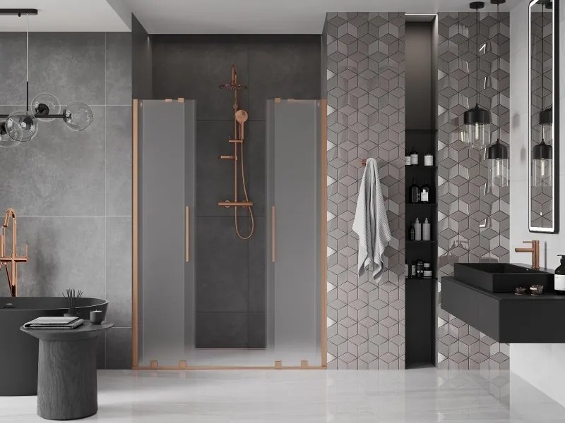 Mexen Velar Duo, posuvné sprchové dvere do otvoru 150 cm, 8mm sklo námraza, medená matná, 871-150-000-32-65