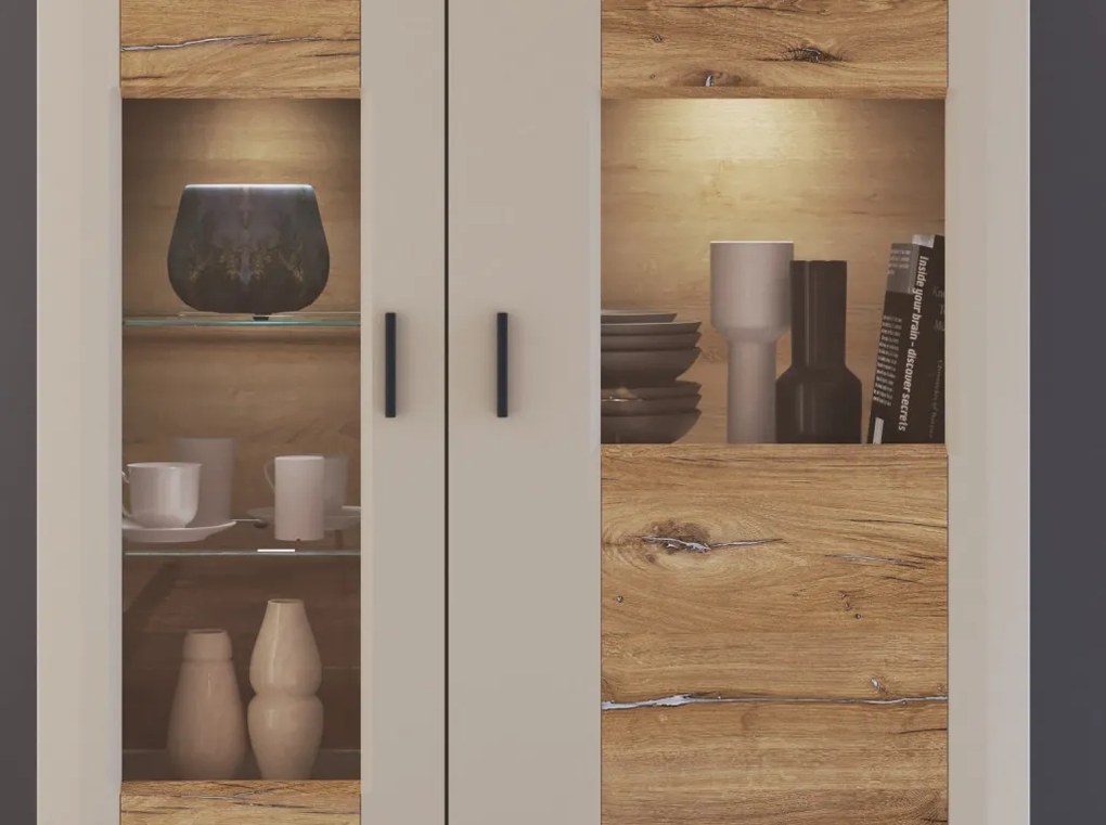 Skrinka s presklením Romy, šedá/dub