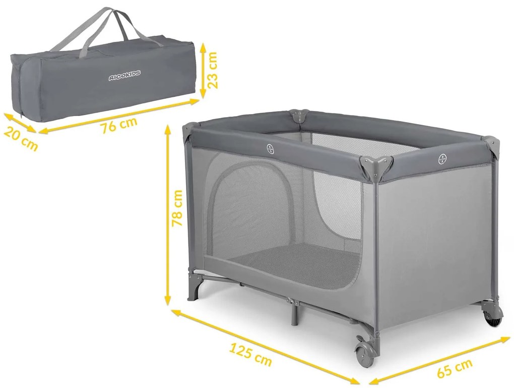 Ricokids Cestovná postieľka + matrac + taška125 x 65 x 78 cm RK-240 sivá