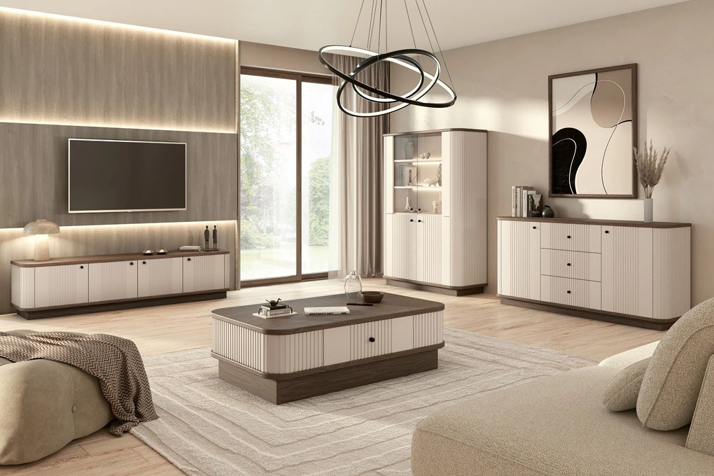 Komoda Vesper 160 cm so zásuvkami na sokli - kašmír / orech / čierne úchytky