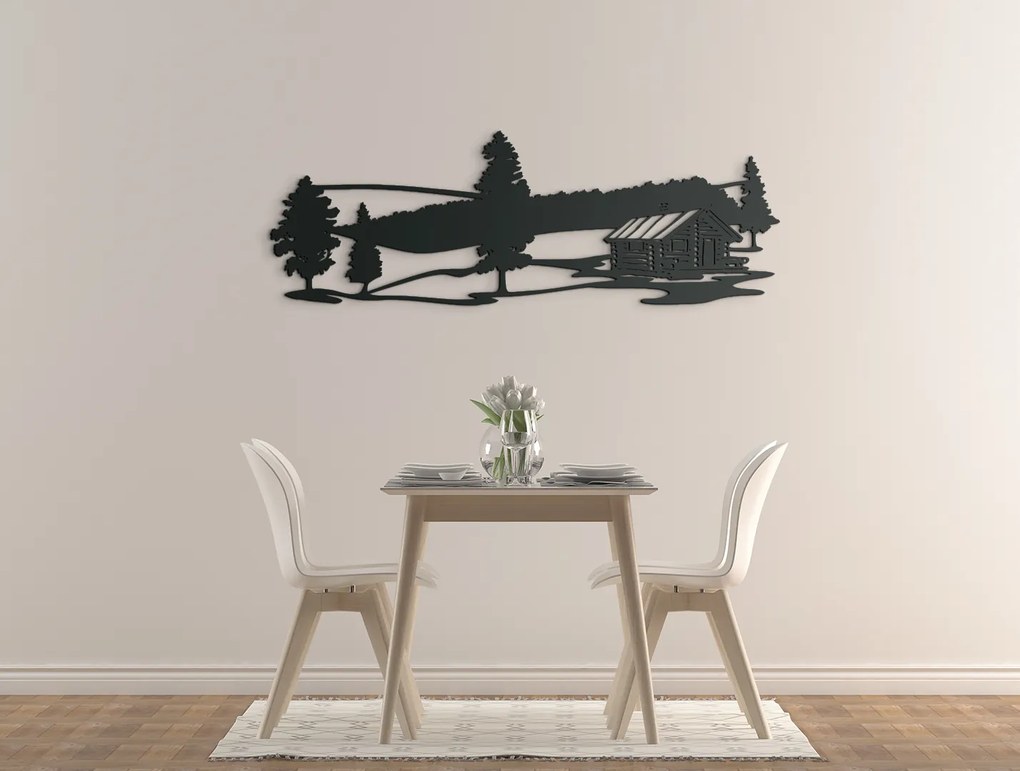 drevko Ľudový drevený obraz Chata v lese Rozmer obrazu: 15 x 44,5 cm, Farba dekorácie: Čierna