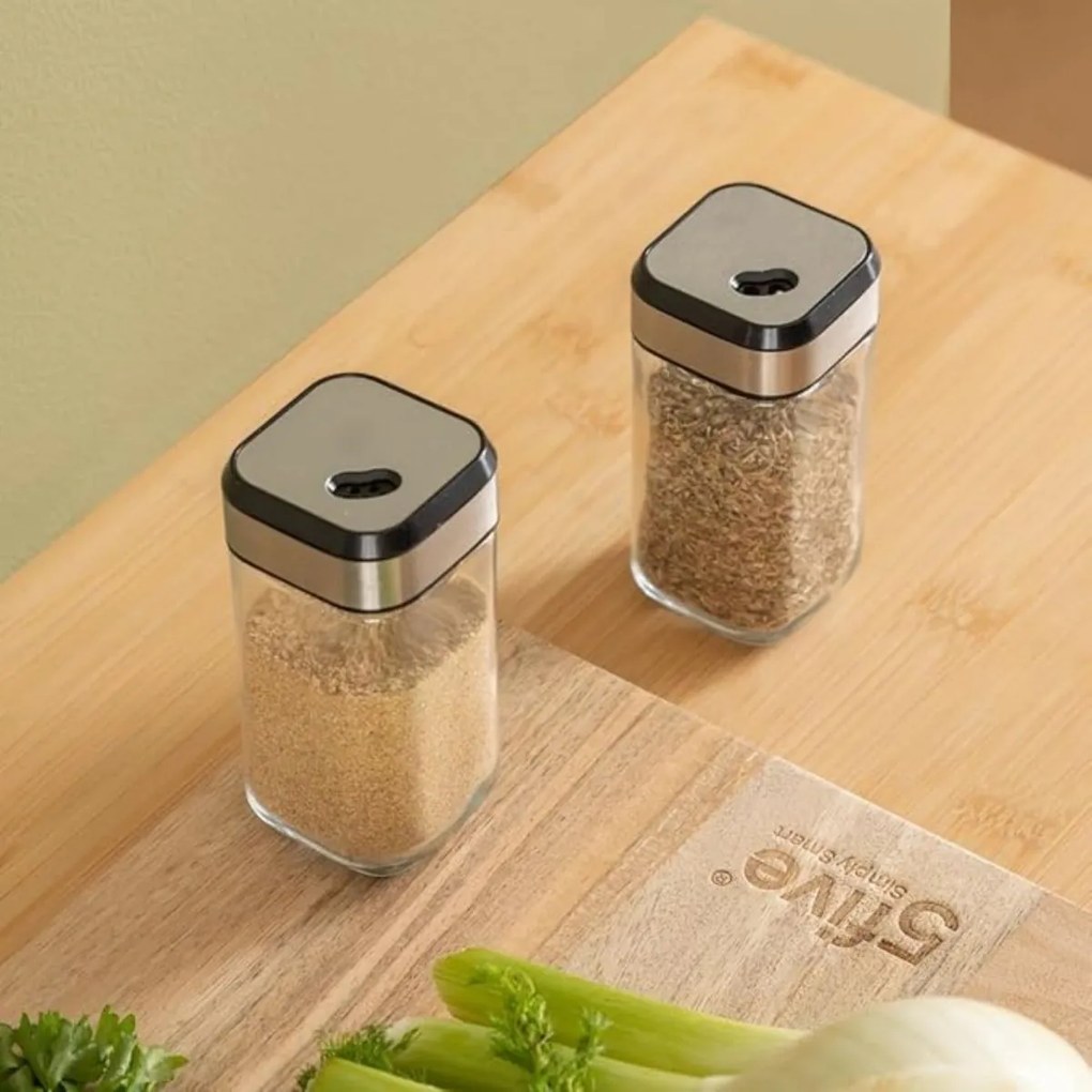 5Five® Hranatá sklenená korenička s multifunkčným nerezovým viečkom INOX, 100ml