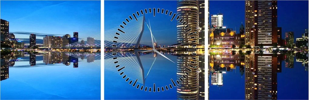 Obraz - nočný Rotterdam (s hodinami) (90x30 cm)
