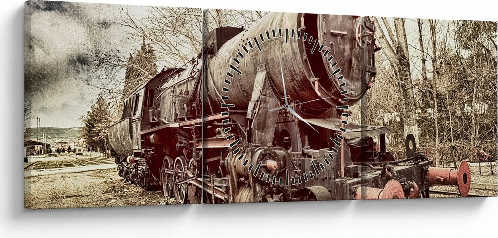 Historický obraz lokomotívy (s hodinami) (90x30 cm)